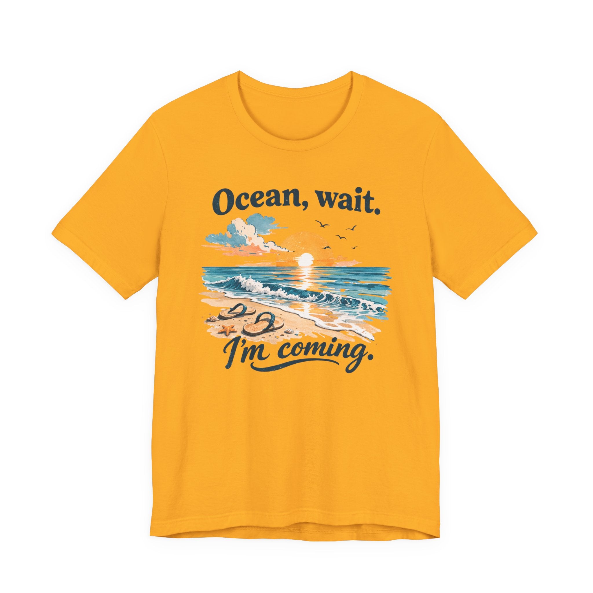 Ocean Wait I'm Coming beach sunset ocean graphic t-shirt design