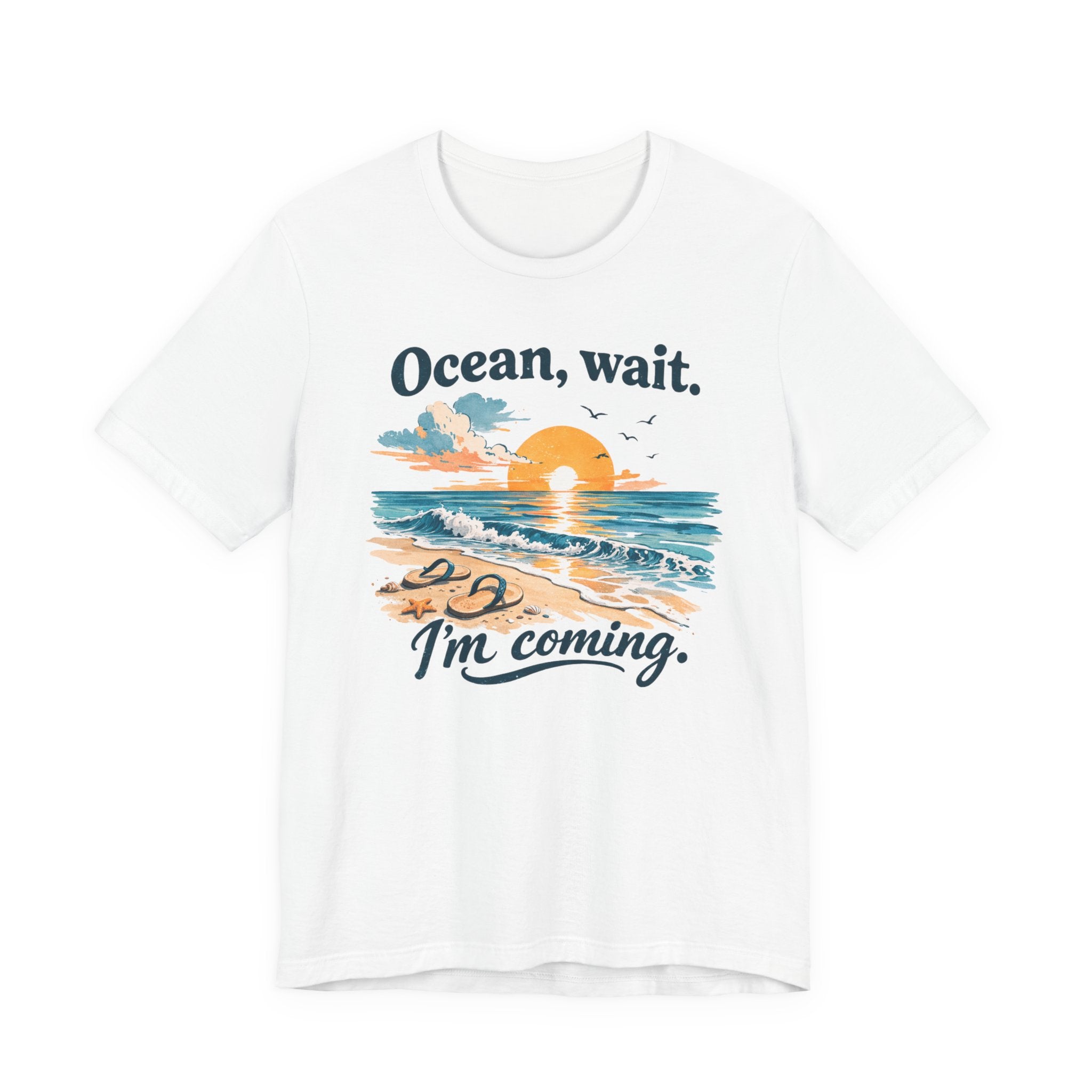 Ocean Wait I'm Coming beach sunset ocean graphic t-shirt design