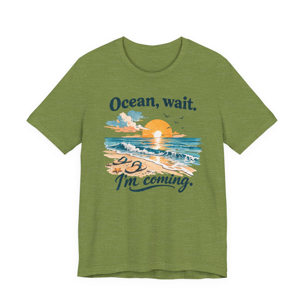 Ocean Wait I'm Coming beach sunset ocean graphic t-shirt design