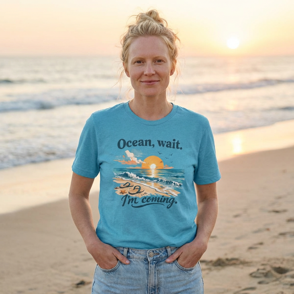 Ocean Wait I'm Coming beach sunset ocean graphic t-shirt design