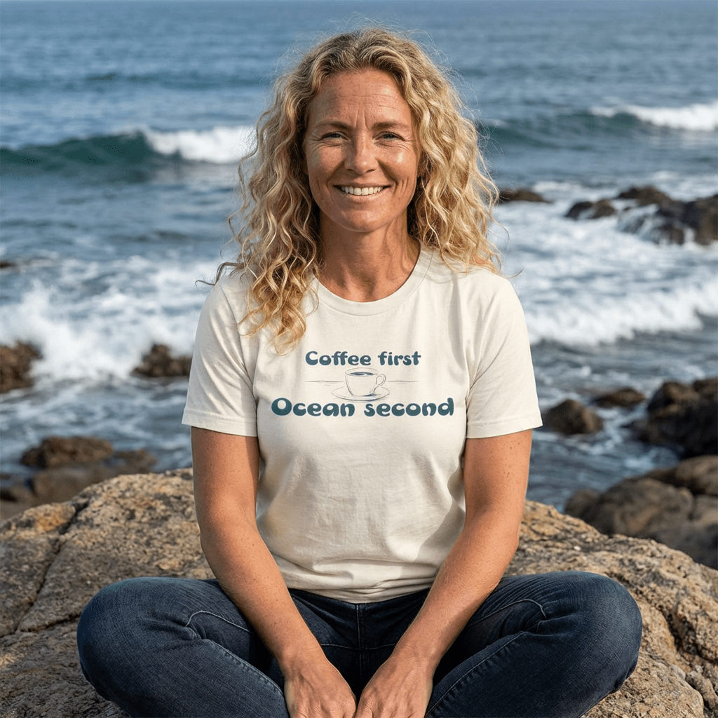 Coffee First, Ocean Second Tee — Coastal Coffee Lover T-Shirt - Mare Qui Club