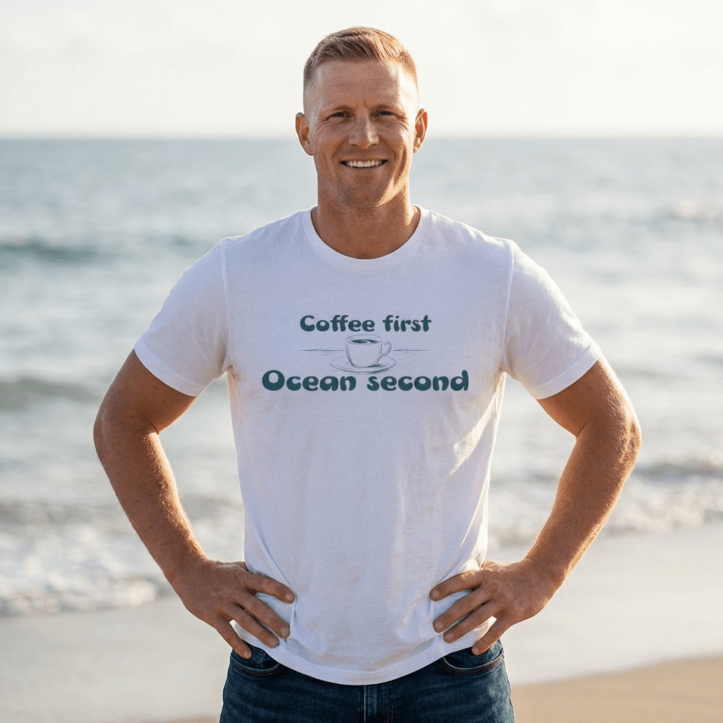 Coffee First, Ocean Second Tee — Coastal Coffee Lover T-Shirt - Mare Qui Club