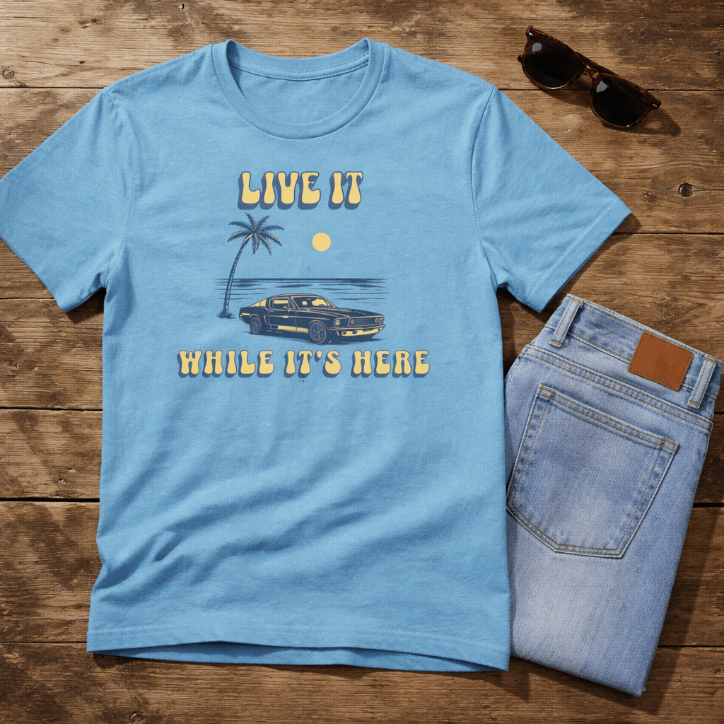 Live It While It’s Here T-Shirt - Retro Beach Sunset beach graphic tee Marequi Club