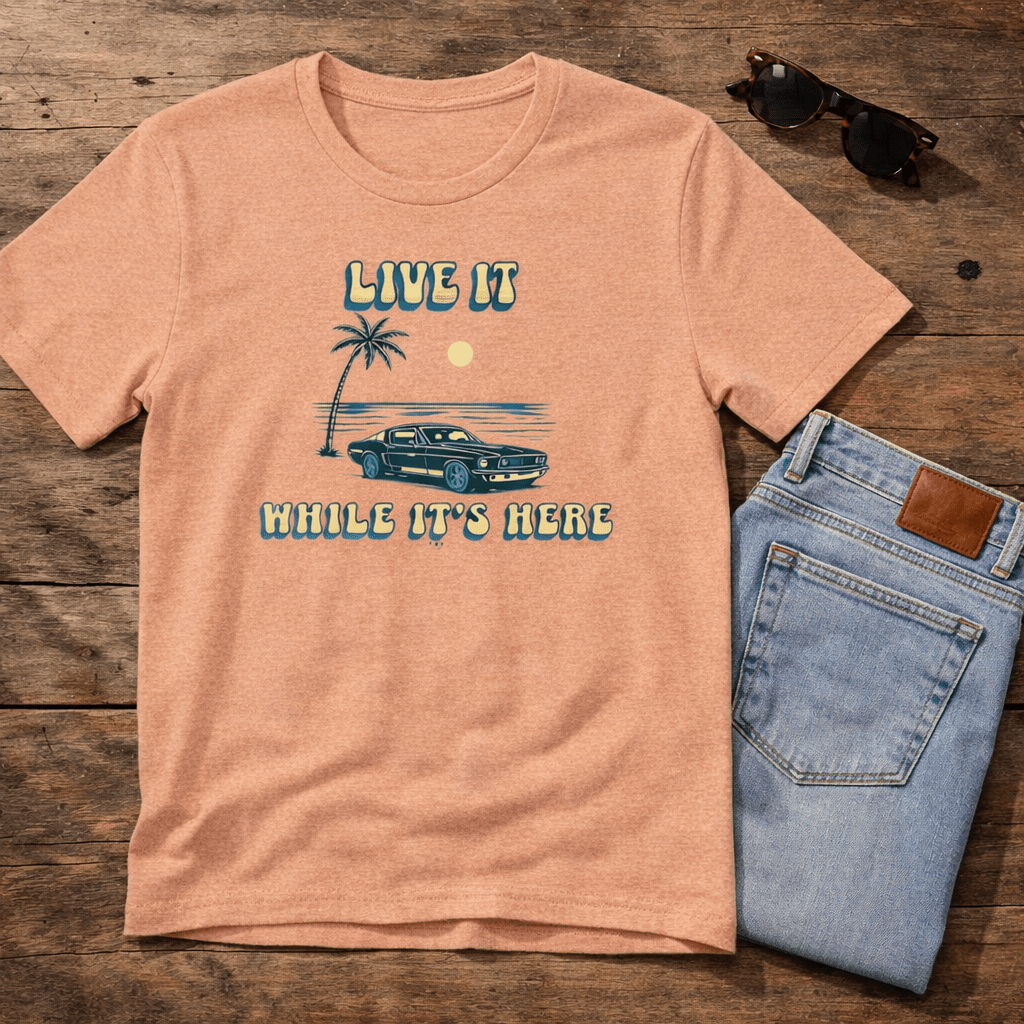 Live It While It’s Here T-Shirt - Retro Beach Sunset beach graphic tee Marequi Club