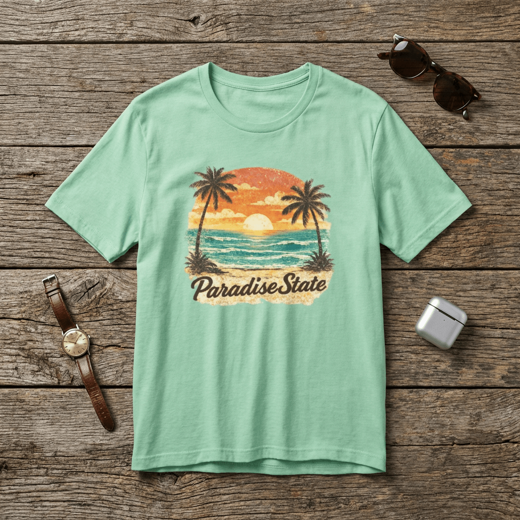 Paradise State Beach T-Shirt - Vintage Sunset Palm Graphic beach graphic tee Marequi Club