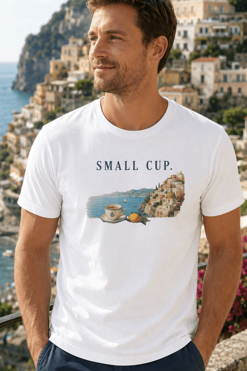 Small Cup Tee - Coastal Coffee Graphic T-Shirt Amalfi Coast Italy graphic tee Marequi Club