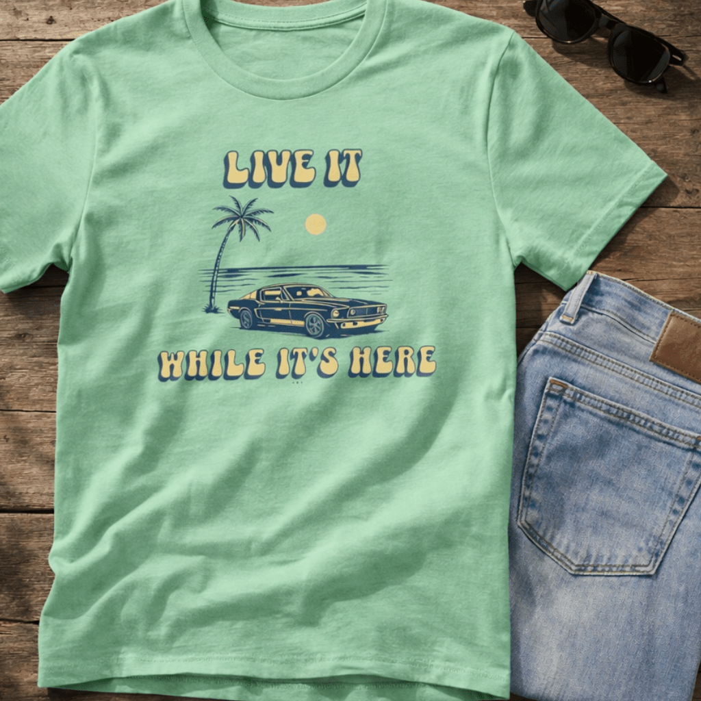 Live It While It’s Here T-Shirt - Retro Beach Sunset beach graphic tee Marequi Club