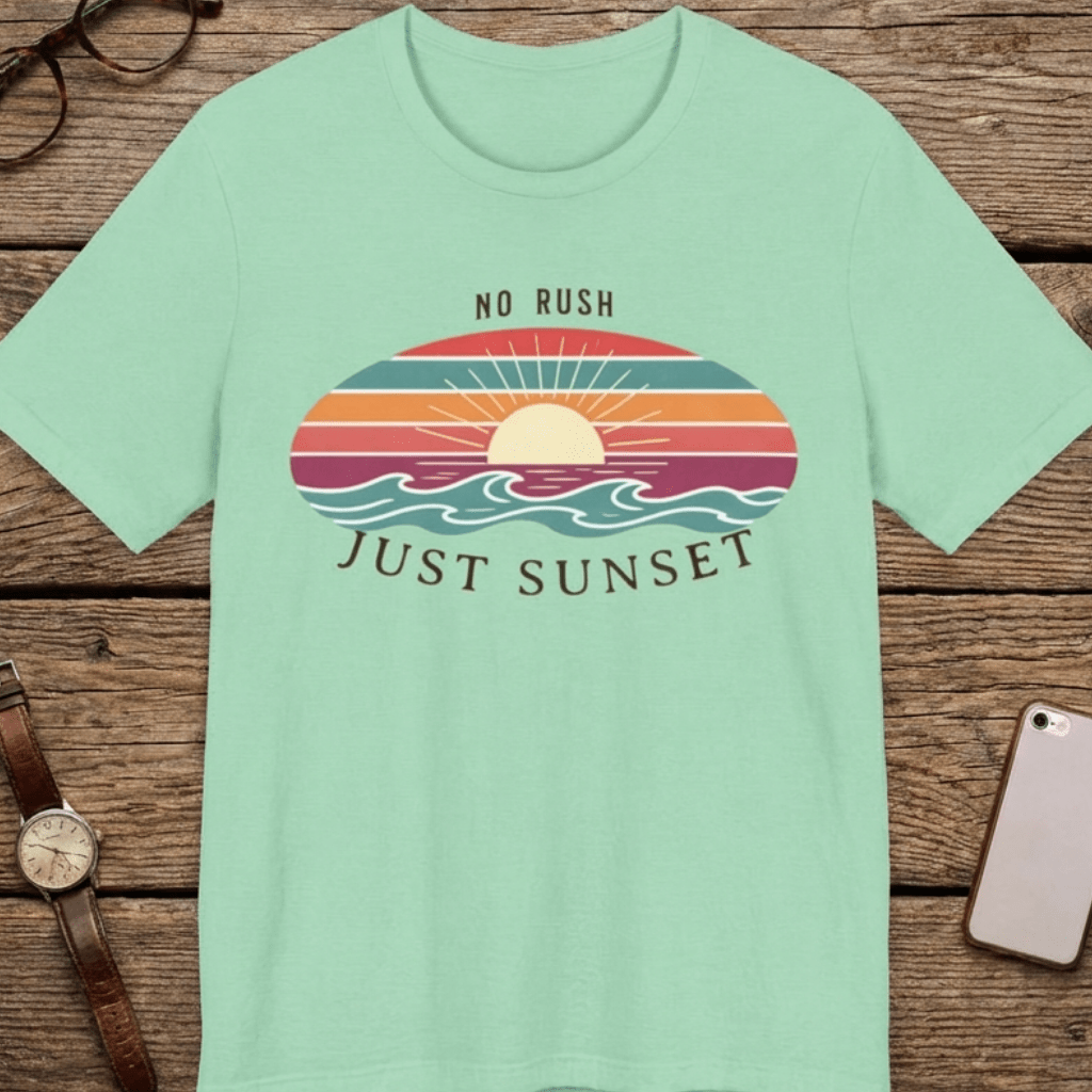 NO RUSH JUST SUNSET T - SHIRT - VINTAGE BEACH GRAPHIC - Mare Qui Club