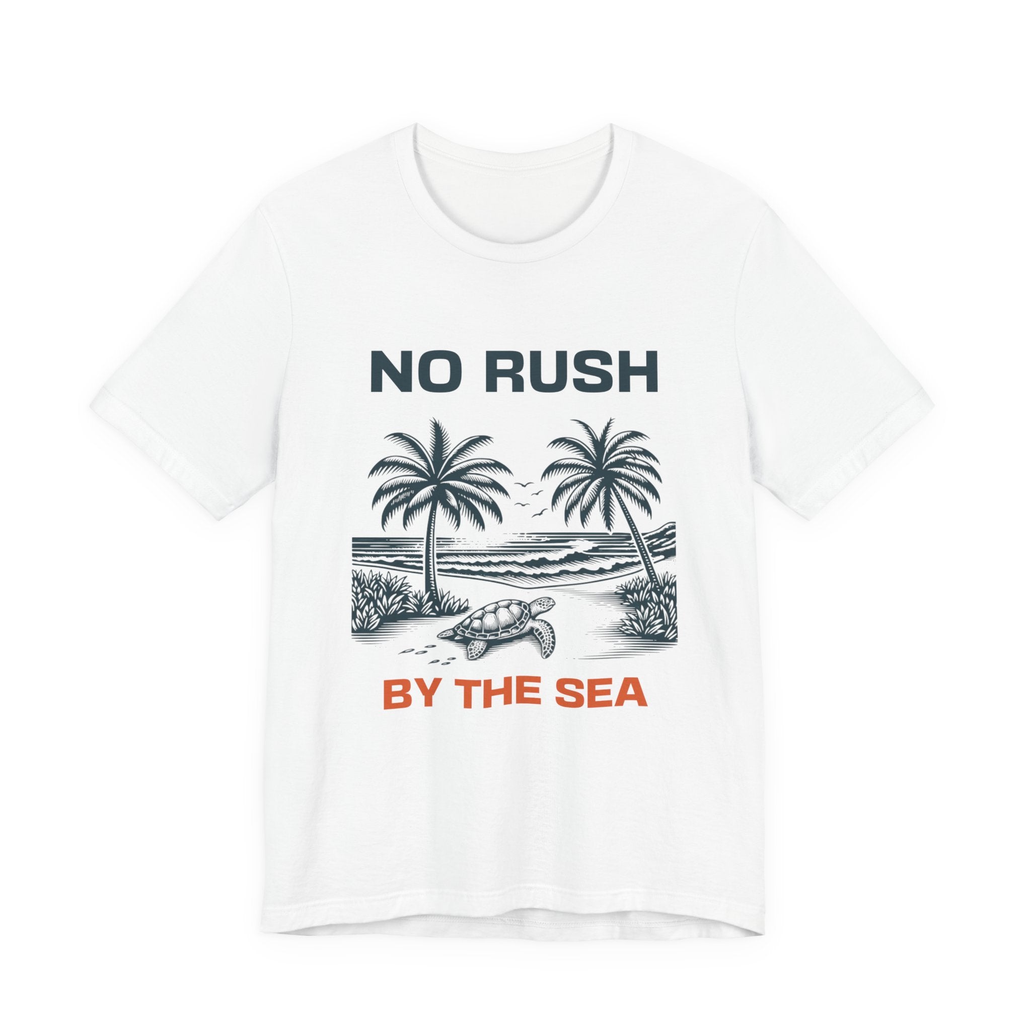 No Rush By The Sea beach graphic t-shirt with palm trees and turtle