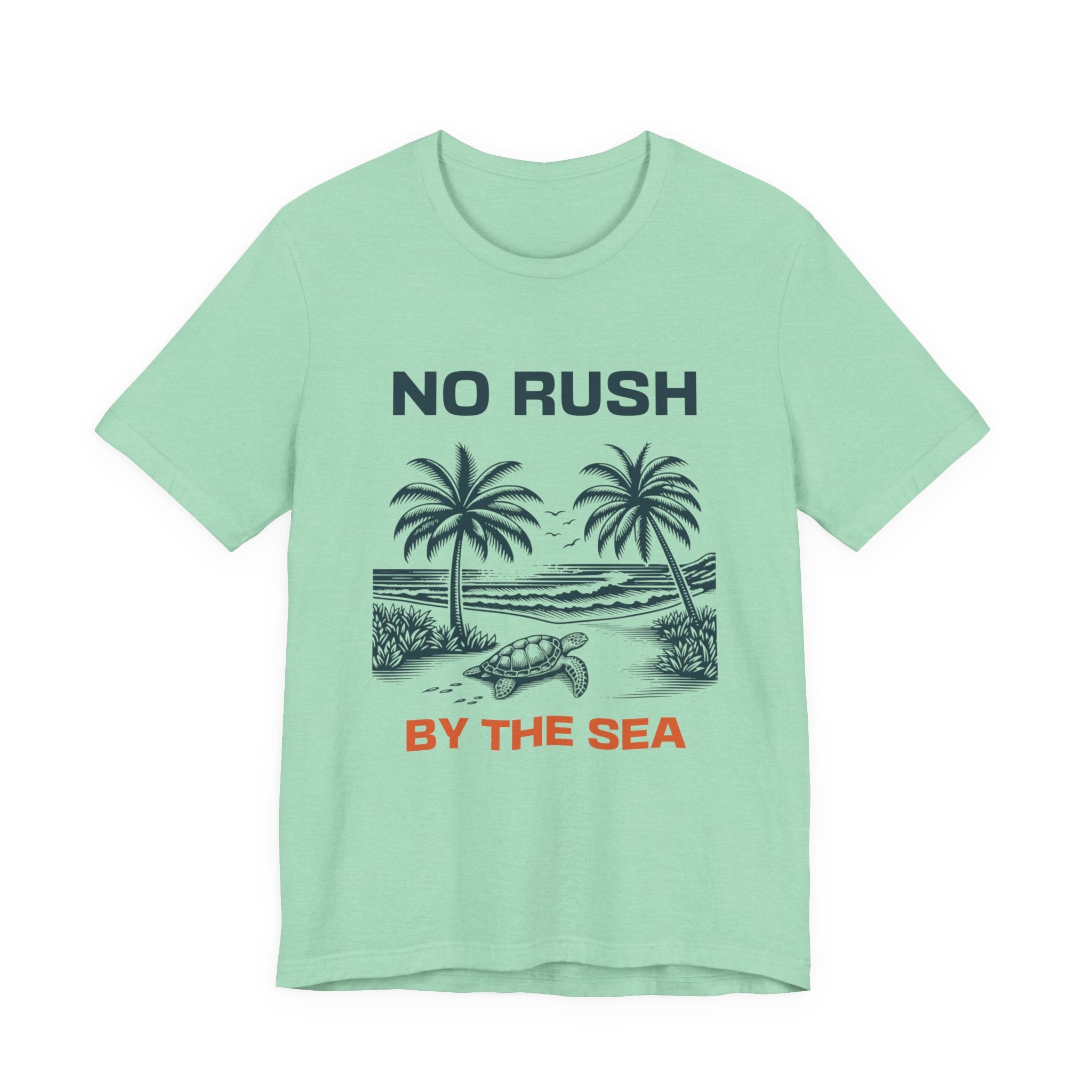 No Rush By The Sea beach graphic t-shirt with palm trees and turtle