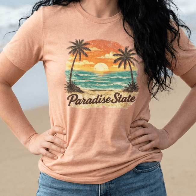Paradise State Beach T-Shirt - Vintage Sunset Palm Graphic beach graphic tee Marequi Club