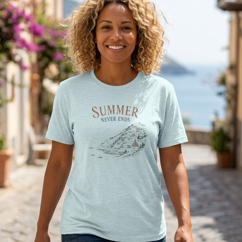 Summer Never Ends vintage travel T-shirt with Positano, Amalfi Coast illustration overlooking the Mediterranean Sea.