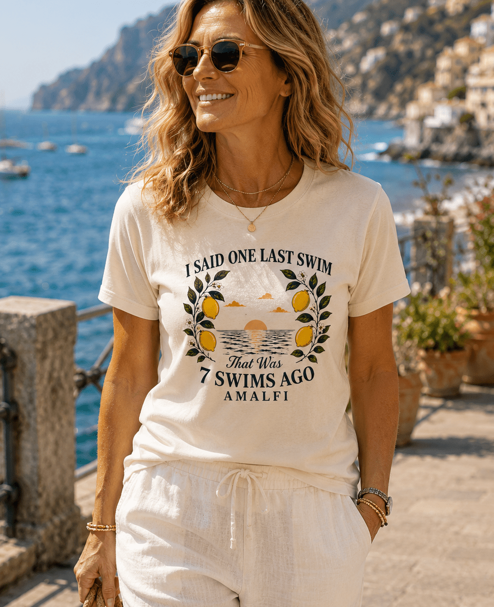 "7 Swims Ago" Funny Amalfi T-Shirt beach graphic tee Marequi Club