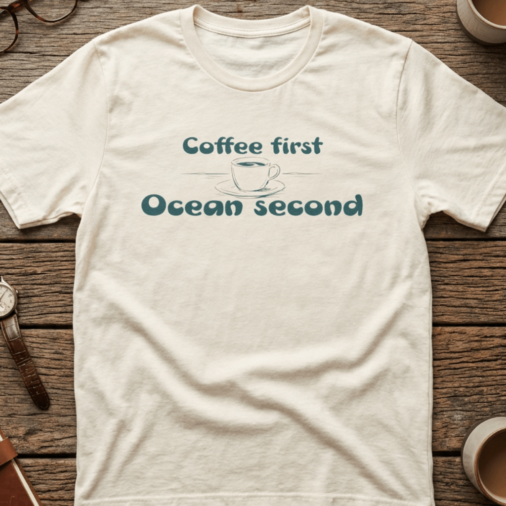 Coffee First, Ocean Second Tee — Coastal Coffee Lover T-Shirt - Mare Qui Club