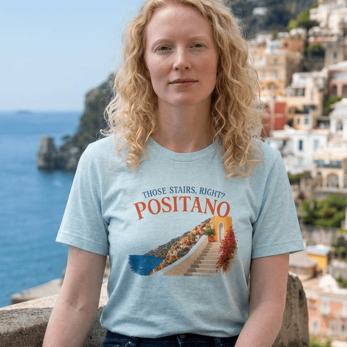POSITANO: Those Stairs, Right? T-Shirt 🇮🇹 beach graphic tee Marequi Club